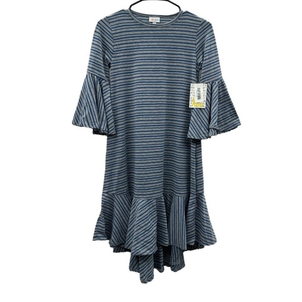 LuLaRoe Maurine Gray & Blue Striped‎ Ruffle Asymmetrical Hem Midi Dress Size XXS